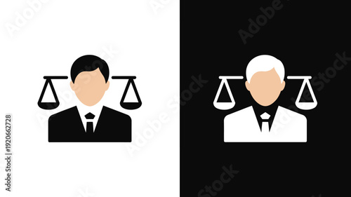 Minimalist illustration of a man and an older man with scales of justice