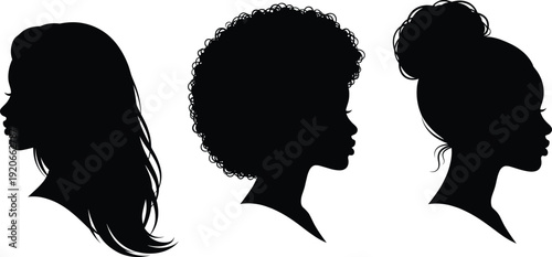 Silhouette Profile Set of African American Women with Natural Afro, Long Wavy Hair, and High Bun Hairstyles for Beauty Salon and Fashion Branding