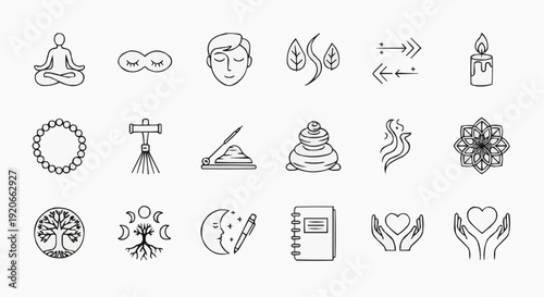 Meditation Mindfulness Wellness and Zen Thin Line Icons Set