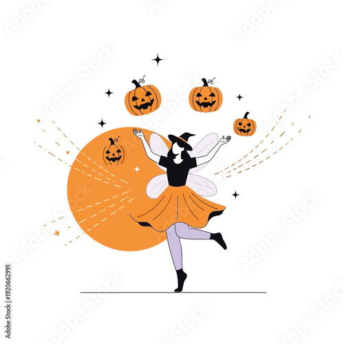 Enchanting Witch Fairy Dancing With Glowing Pumpkins and a Bright Halloween Sunset Scene