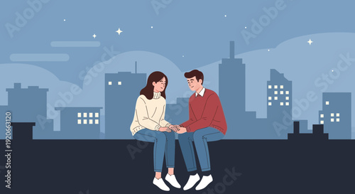 Evening Romance: Couple Gazing Into Each Other's Eyes Amidst Cityscape's Skyline