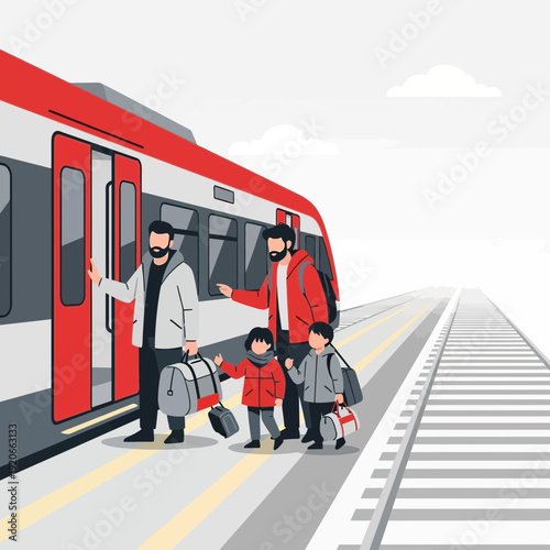 Family Embarking On A Journey: Departure From Train Station, Ready For Vacation Adventure
