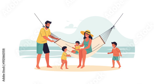 Family Enjoying Beach Day Together Relaxing in a Hammock During Vacation