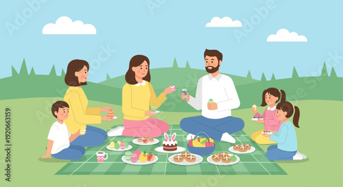 Family Enjoying Easter Picnic Together Outdoors Amidst Scenic Landscape