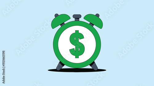 A green alarm clock with a dollar sign on its face is centered on a light blue background, vector illustration