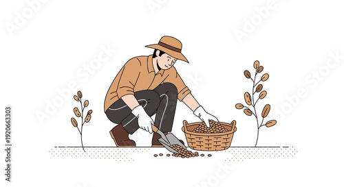 Farmer Harvesting Crop From The Field, Work In A Natural Environment Illustration
