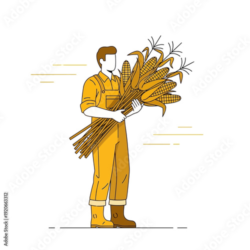 Farmer Holding Harvested Corn Stalks: An Illustrated Depiction Of Autumnal Labor And Yield