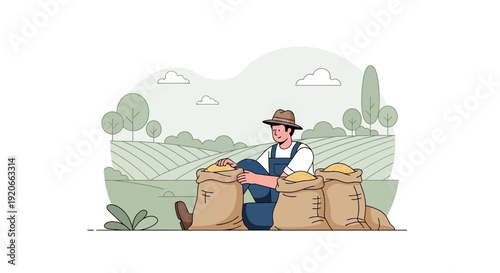 Farmer Loading Sacks Of Grain In A Field During The Harvest Season