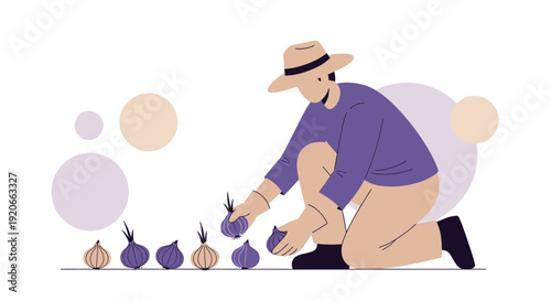 Farmer Planting Harvested Onions in a Garden with a Contemporary Flat Vector Style
