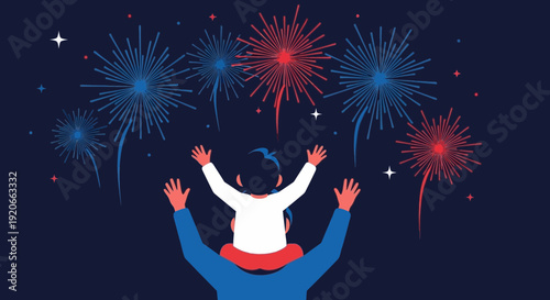 Father And Child Witnessing a Spectacular Fireworks Display in the Night Sky