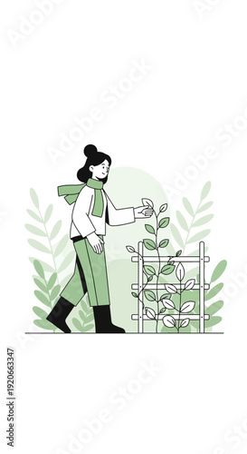 Gardening Illustration Woman Caring For Young Plants Against A Minimalist Greenery Background