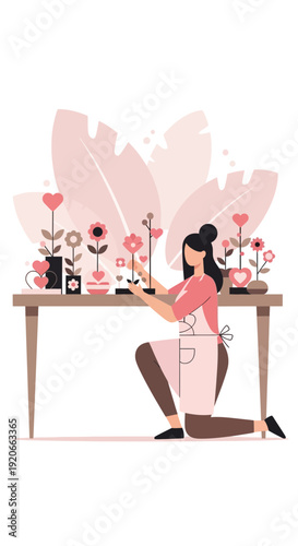 Gardening Woman Arranging Beautiful Flowers And Plants Minimalist Illustration Style