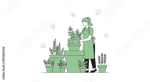 Gardening Woman Caring For Potted Plants Minimalist Illustration