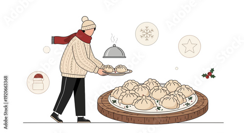 Festive Dinner Preparation: A Winter Scene Featuring Dumplings and Holiday Spirit