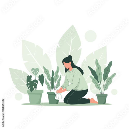 Gardening Woman Tending To Potted Plants In A Serene Botanical Setting