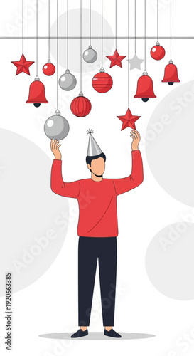Festive Figure Decorating Celebration with Baubles, Stars, and Joyful Christmas Decorations