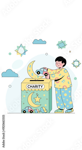 Generous Child Donates Toy Cars to Charity Box With Crescent Moon Adornment