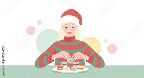 Festive Woman Arranging Sweet Macarons Wearing Christmas Hat for Holiday Celebration