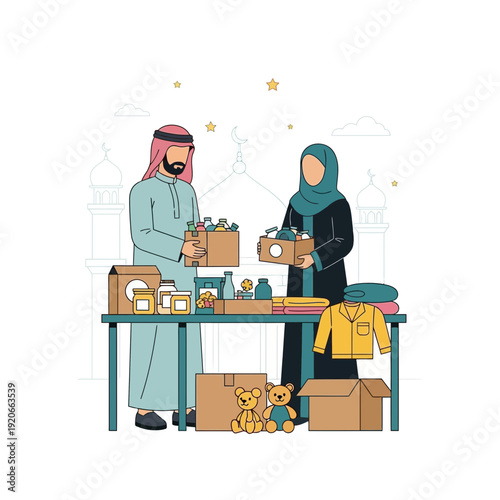 Generous Giving Arabic Couple Distributing Charity Boxes Showing Compassion