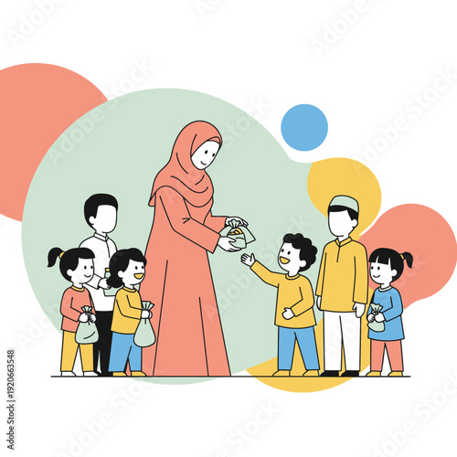 Generous Giving Scene With A Woman Distributing Treats To Happy Children