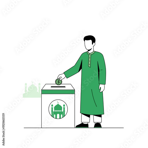 Generous Muslim Man Donating Coin To Mosque Charity Box Illustration