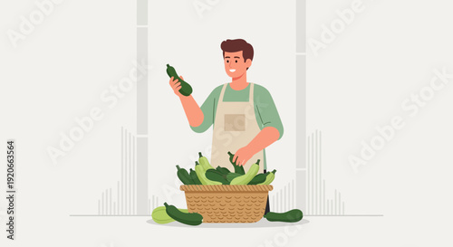 Fresh Zucchini Harvest: A Friendly Gardener Presenting a Basket of Vegetables