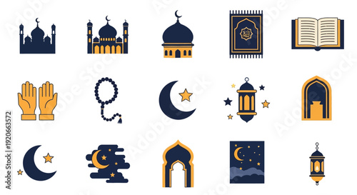 Islamic Religious Symbols and Icons Collection for Ramadan and Eid Celebrations.