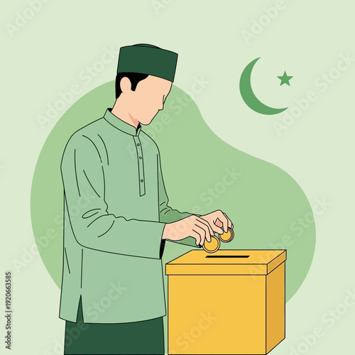 Generous Muslim Man Donating Coins To Charity Box During Ramadan Celebration