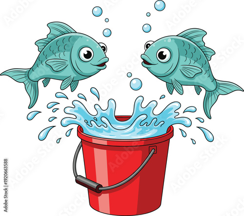 Two Playful Blue Fish Jumping Out of a Red Water Bucket with Dynamic Splash and Bubbles for Fishing, Pet Shop, and Aquatic Adventure Graphic Designs