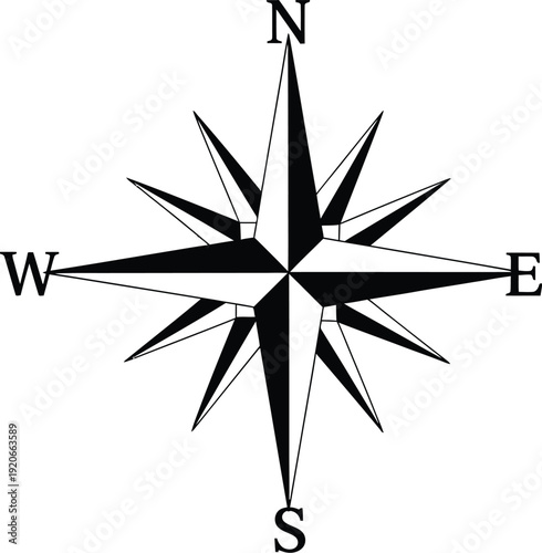 Black and white compass rose with cardinal directions