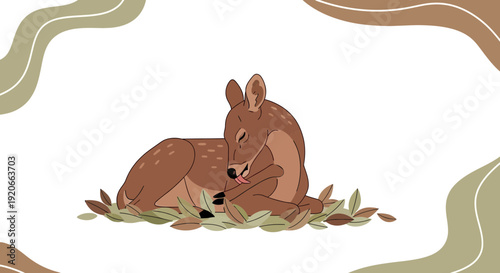 Gentle Fawn Resting Comfortably Among Autumn Leaves With Stylized Border