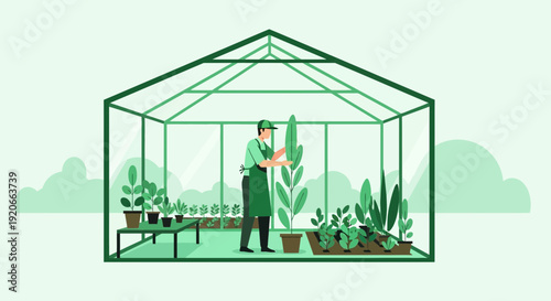 Gardener Tending Plants Inside A Lush Greenhouse Environment
