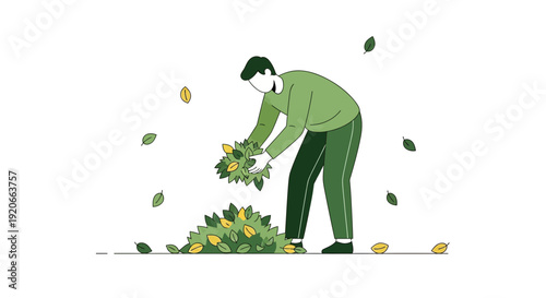 Gardener Tending To Fallen Leaves During Autumn Season