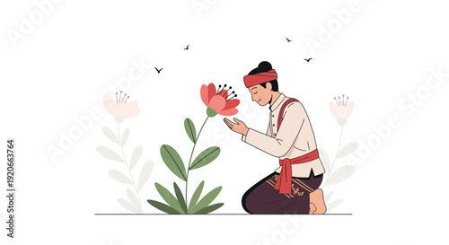 Gentle Person Kneeling Appreciates Blooming Flower In Nature Scene