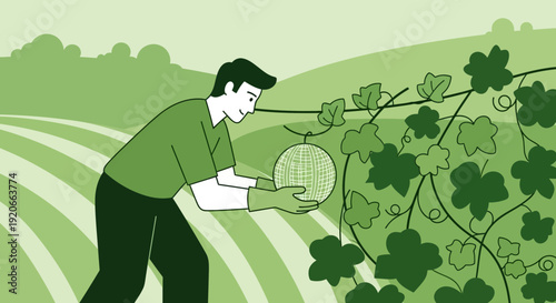 Gentle Hands Harvesting A Perfectly Round Cantaloupe On A Lush Vine