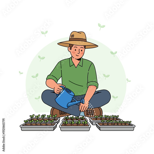 Gardener Tending To Seedlings In A Greenhouse Setting Promoting Sustainable Agriculture