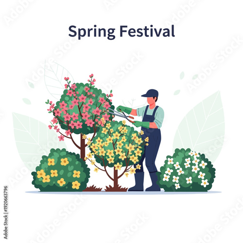 Gardener Tends Blooming Trees During Spring Festival Celebration