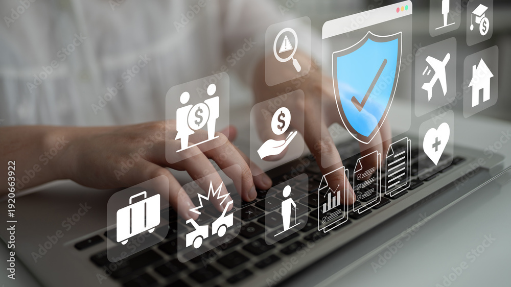 Fototapeta premium Various insurance icons like travel, health, home, and car protection connected to a central blue shield icon Parse