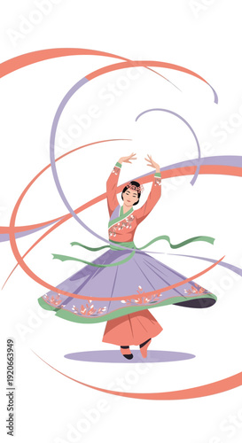 Graceful Figure of Dancer Performing Amidst Flowing Ribbons, Celebrating Movement and Joy