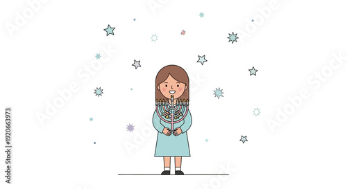 Girl Holding Menorah with Falling Stars Minimalist Illustration