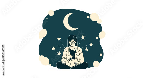 Girl Immersed In A Book Under The Night Sky With Stars