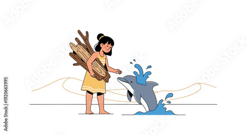 Girl Interacting With Dolphin Near Shoreline Carrying Firewood