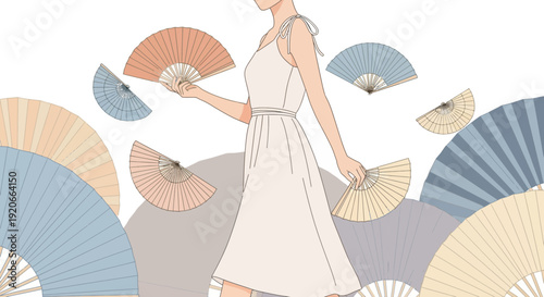 Graceful Woman Holding Decorative Fans Artistic Illustration