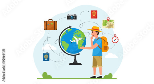 Globetrotter Contemplating Travel Destinations With Plane Globe Luggage and Compass