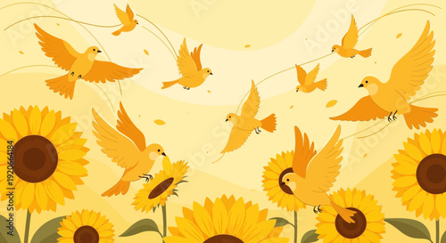 Golden Avians Soaring Amidst Blooming Sunflowers