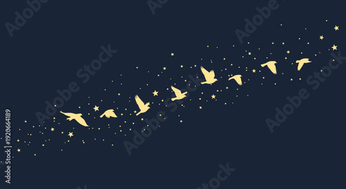 Golden Birds Flying Through A Starry Night Sky