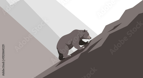 Grizzly Bear Ascending Rugged Mountain Slopes In Stylized Geometric Landscape