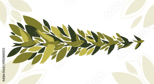 Graceful Avian Formation Migrating Through Stylized Foliage