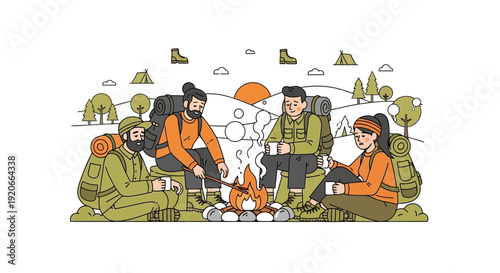Group of Backpackers Enjoying a Cozy Campfire Scene