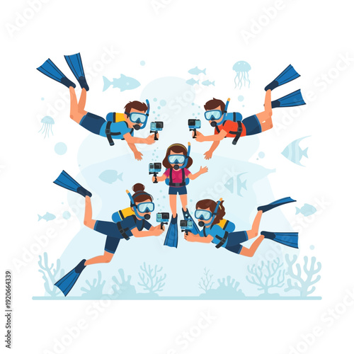 Group Of Divers Exploring Underwater Life Documenting Experiences With Modern Cameras